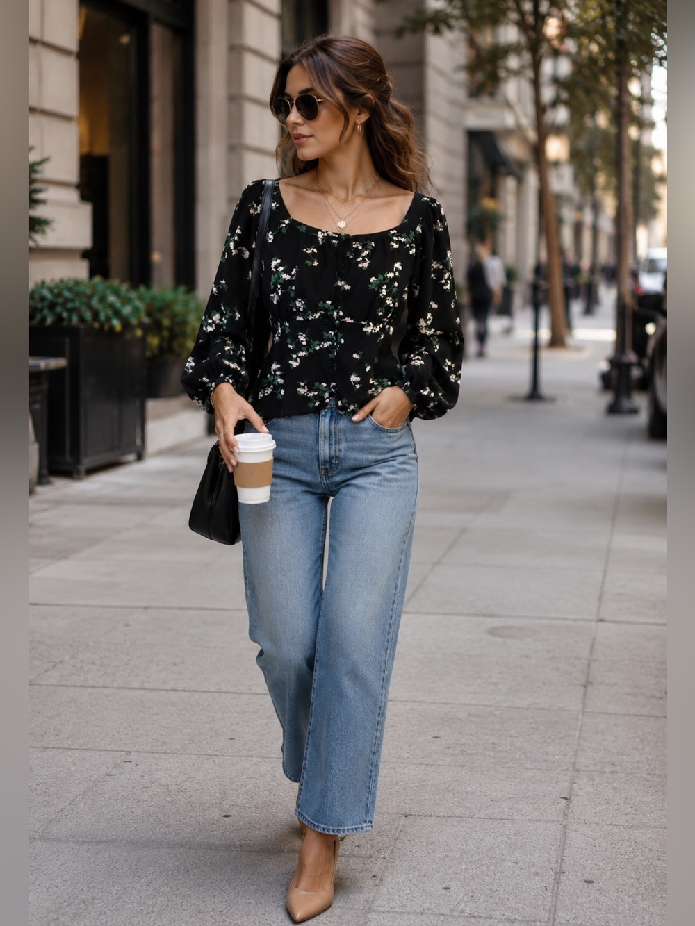 OLD NAVY Women's Black Floral Long Sleeve Blouse L